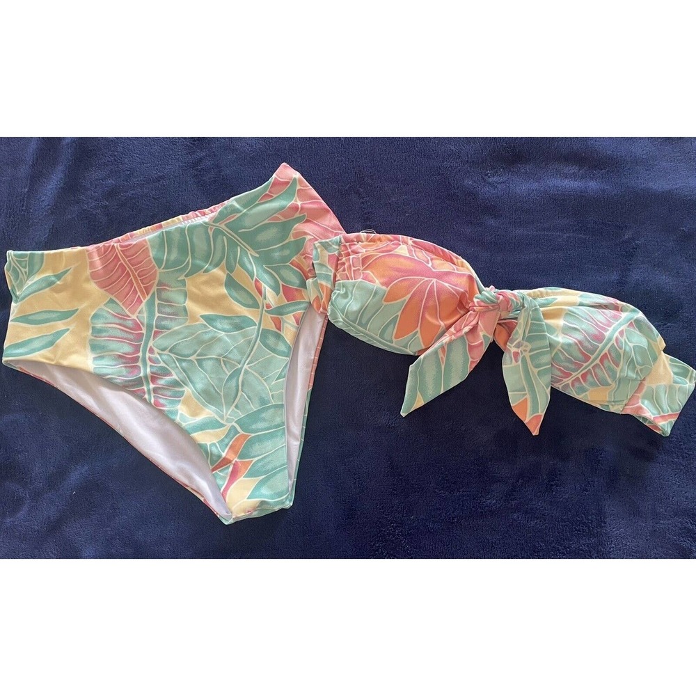 Kenny Flowers Pastel Leaf Print Bandeau Bikini - Mint, Peach, Yellow